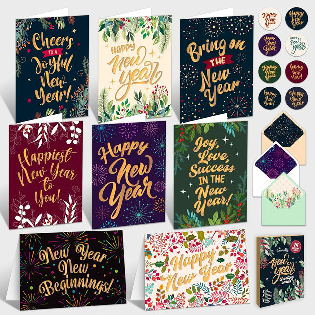24-Piece 6×4in Happy New Year Cards – Gold Foil, Stickers & Printed Message