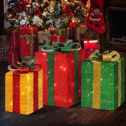 3-Piece Tall Rectangular Lighted Christmas Gift Boxes, 60 LED Lights for Festive Decoration