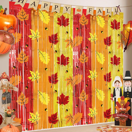 Fall Autumn Harvest Curtains 2 Pack Maple Leaf Pinecone Foil Fringe 3.3x6.6 Ft Backdrop