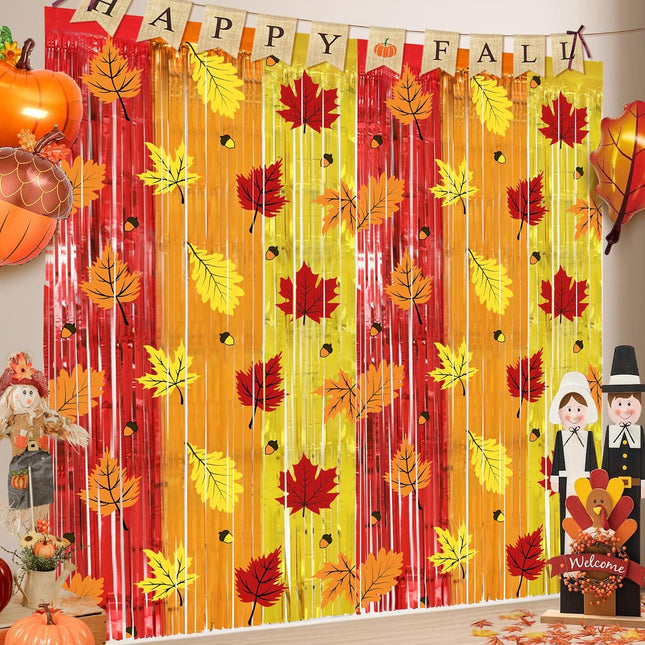 Fall Autumn Harvest Curtains 2 Pack Maple Leaf Pinecone Foil Fringe 3.3x6.6 Ft Backdrop