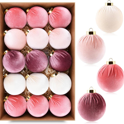 15pcs Velvet Christmas Ornaments Pink & Beige Shatterproof Balls, 80mm (3.15")