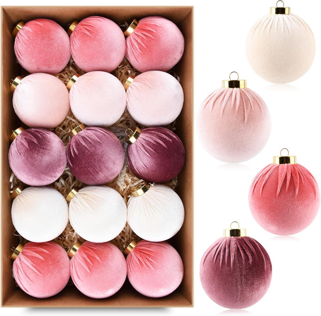 15pcs Velvet Christmas Ornaments Pink & Beige Shatterproof Balls, 80mm (3.15")