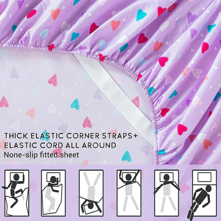 3-Piece Girls Twin Sheet Set, Purple Microfiber, Colorful Hearts Print, Kids Bedding