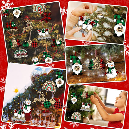 24PCS Wooden Christmas Ornaments – Snowflake, Gnome & Snowman Leopard Print Decor