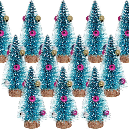 12PCS Mini Christmas Trees Blue Bottle Brush Trees with Wooden Base Decor