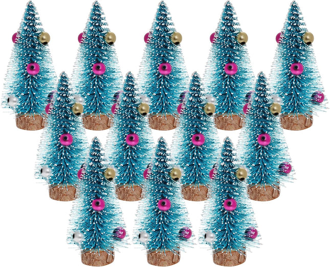 12PCS Mini Christmas Trees Blue Bottle Brush Trees with Wooden Base Decor
