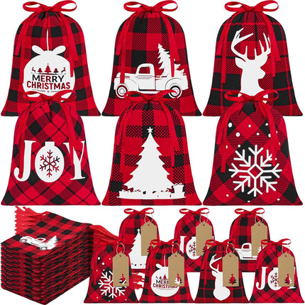 24 Pcs Buffalo Plaid Christmas Drawstring Bags – Cotton Holiday Gift Wrapping Bags