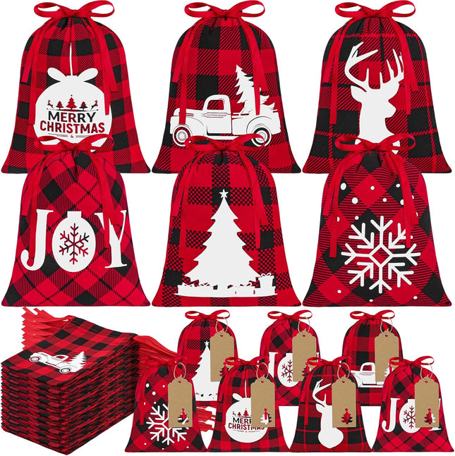 24 Pcs Buffalo Plaid Christmas Drawstring Bags – Cotton Holiday Gift Wrapping Bags