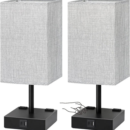 Set of 2 Bedside Table Lamps Touch Dimmable USB C+A Charging Ports AC Outlets