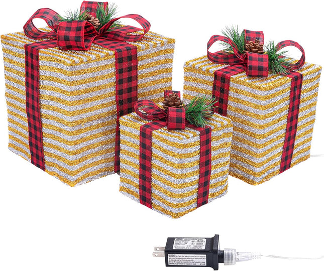 3PC Lighted Christmas Gift Boxes with Pine Leaves, Cones & Bows – 10", 8", 6"
