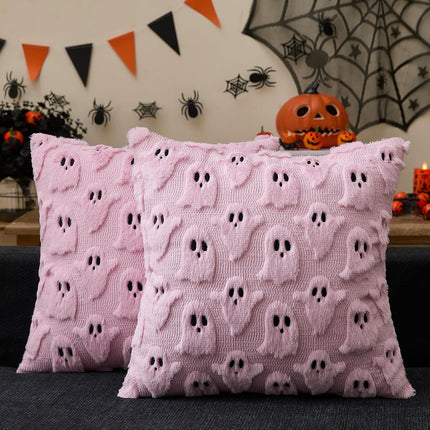 2-Pack Pink Halloween Ghost Pillow Covers 18x18in, Soft Plush Faux Fur Decor