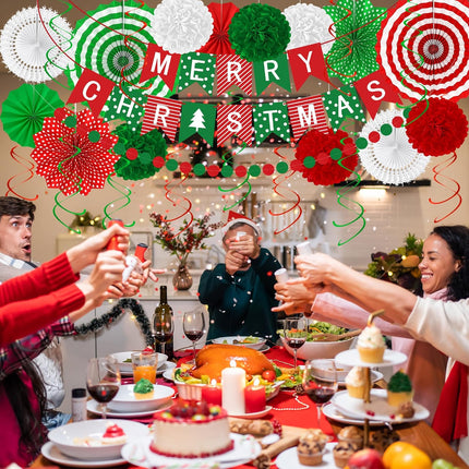 28PCS Christmas Decorations Set – Banner, Paper Fans, Garland & Swirls