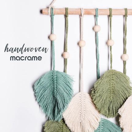 Macrame Wall Hanging Leaves, Large Boho Feather Tapestry, Green Sage Beige Decor