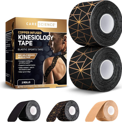 Waterproof Kinesiology Tape 40 ct – Copper Infused, Precut Strips, 2 Rolls