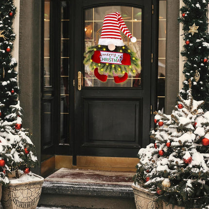 Christmas Wreath Gnome with Lights, Santa Gnome Hanging Sign for Front Door Decoration