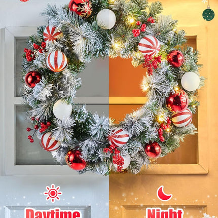 24" Pre-Lit Artificial Christmas Wreath with 50 Warm LED Lights, Pine & Red Berries