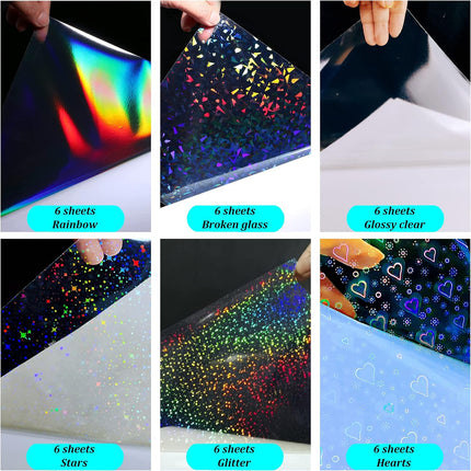 36 Sheets Holographic Sticker Paper, A4 Clear Waterproof Vinyl, 6 Styles for DIY Crafts