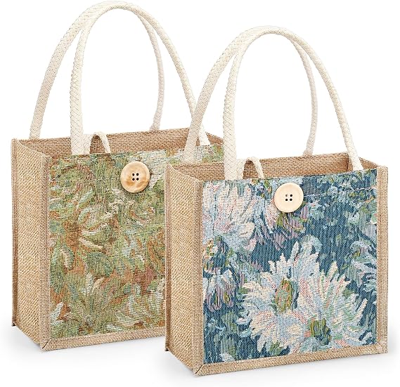 2-Pack Embroidered Jute Tote Bags for Women, Reusable Shopping & Casual Handbags