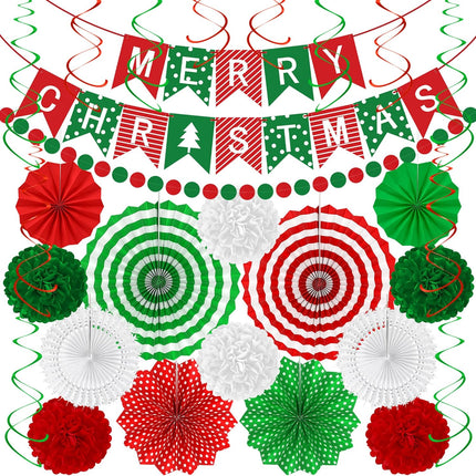 28PCS Christmas Decorations Set – Banner, Paper Fans, Garland & Swirls
