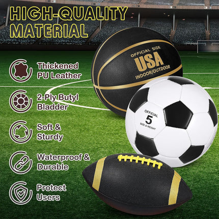 3 Piece Sports Ball Set, Size 7 Basketball, Size 5 Soccer Ball, Size 9 Football