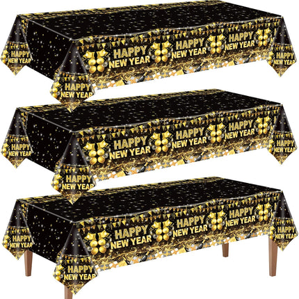 Happy New Year 2026 Table Cover – 3-Piece Black & Gold Party Tablecloths