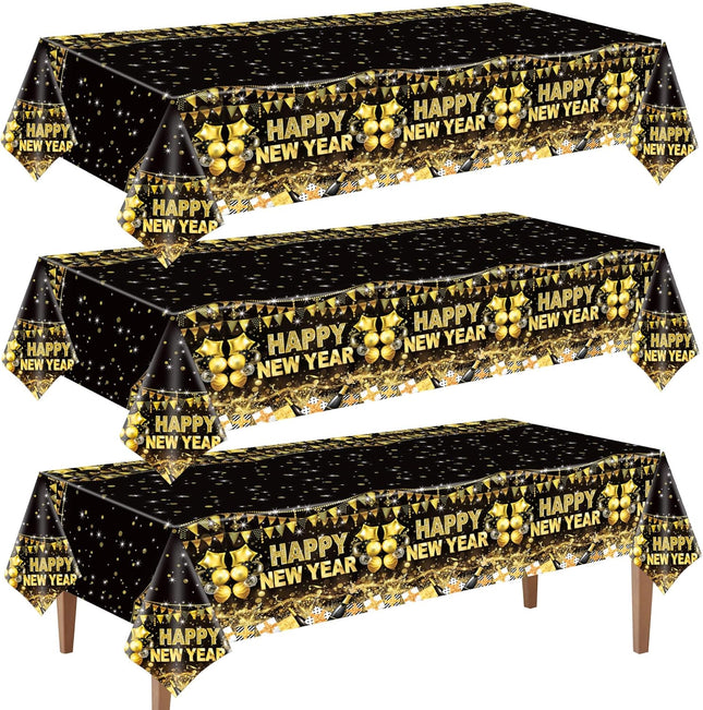 Happy New Year 2026 Table Cover – 3-Piece Black & Gold Party Tablecloths