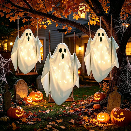 2-Pack Solar Hanging Swing Ghost Halloween Decor with String Lights for Yard & Porch