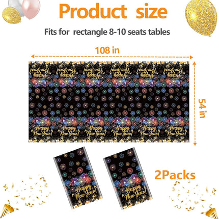 Happy New Year 2026 Table Covers – 2-Pc Black & Gold Waterproof Tablecloths