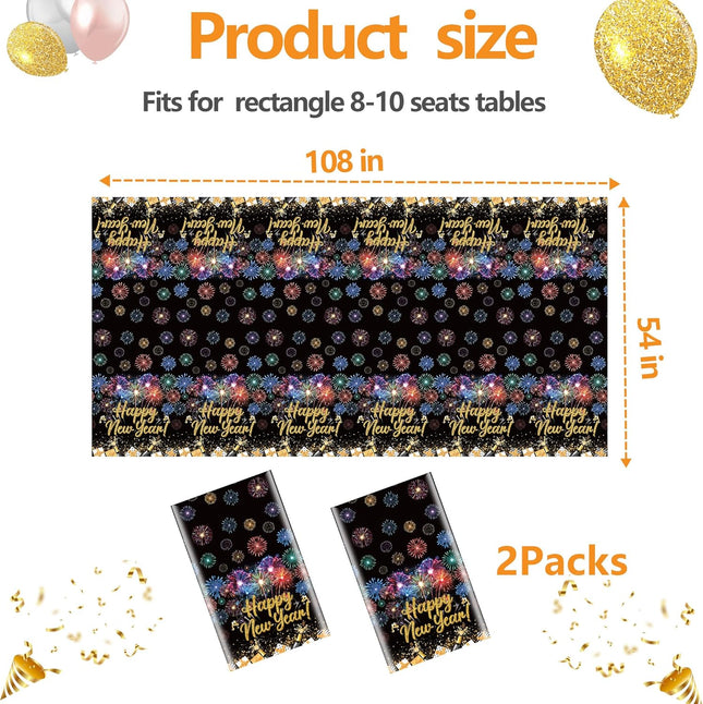 Happy New Year 2026 Table Covers – 2-Pc Black & Gold Waterproof Tablecloths