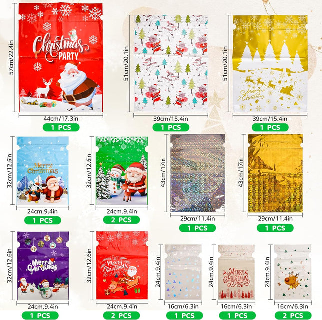 Christmas Drawstring Gift Bags – 15 PCS with 15 Tags, 7 Designs in Large & Small Sizes