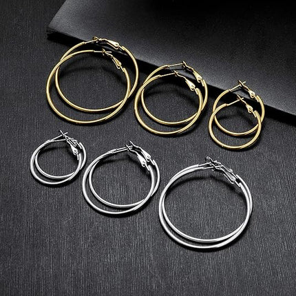 Gold Silver Plated Hoop Earrings Set for Women 12 Pairs Lightweight Stainless Steel