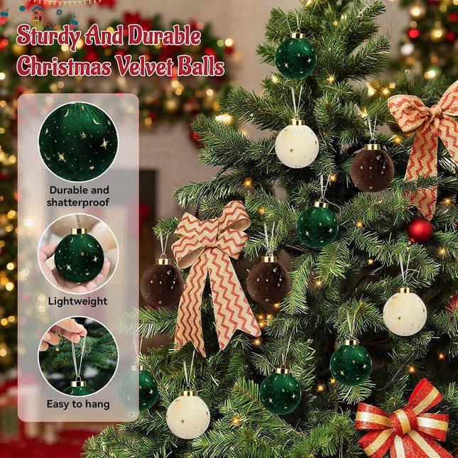 12PCS Christmas Tree Ornaments Velvet Balls Shatterproof Hanging Bulbs