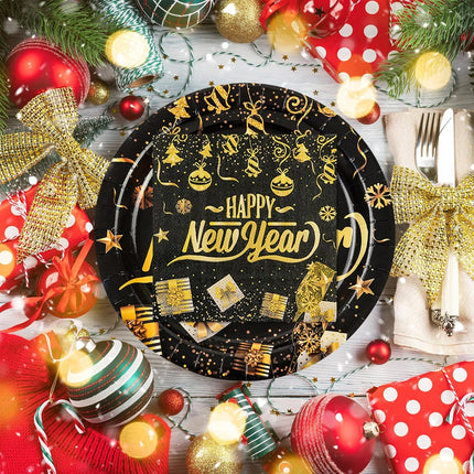 40 PCS Happy New Year Black & Gold Plates & Napkins Tableware Set for 20