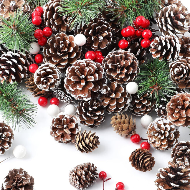 115Pcs Pine Cone Christmas Set, Natural Snow Pinecones & Berry Pine Branches Winter Holiday Decor