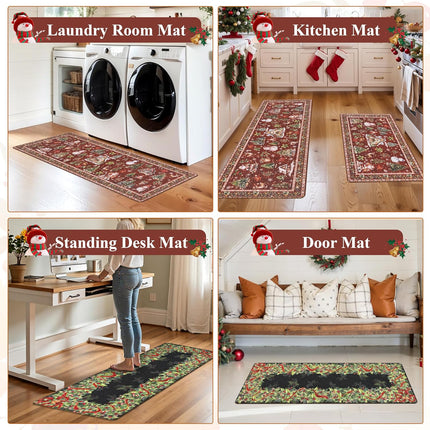 2-Piece Non-Slip Christmas Rug Set, Red Vintage Runners for Kitchen or Office