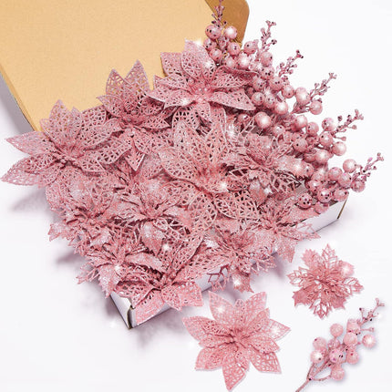 22-Piece Christmas Flower Kit – Artificial Poinsettias & Glitter Berries with Tree Ornaments
