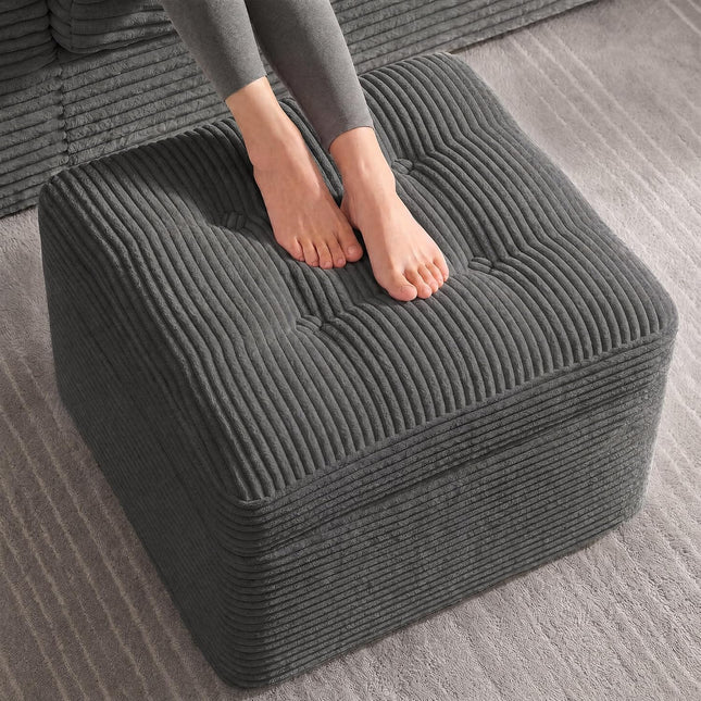 23.6 Inch Dark Grey Corduroy Pouf Ottoman Footrest with Dual-Layer Foam Support