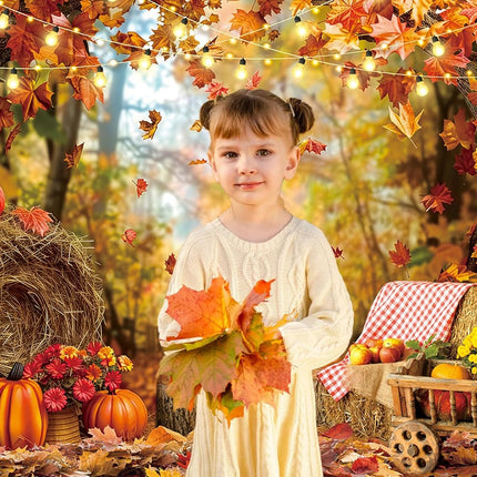 Fall Photography Backdrop 7x5FT – Autumn Maple Leaves, Pumpkins & Thanksgiving Decor