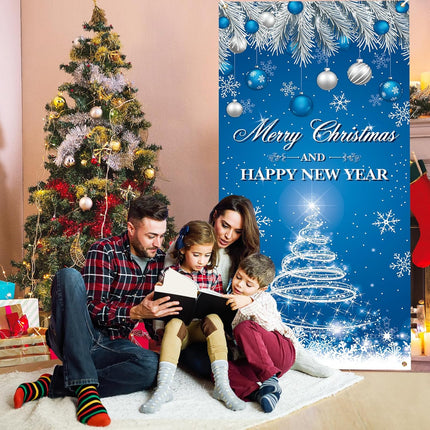 Merry Christmas & Happy New Year Door Cover – Blue Front Door Banner Holiday Decor
