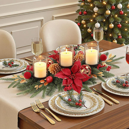 Christmas Table Decor – Centerpiece with Candle Trays, Berries & Pinecones