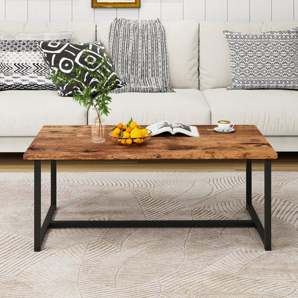 Rectangular Coffee Table Black Metal Frame Rustic Brown Wood Top for Living Room