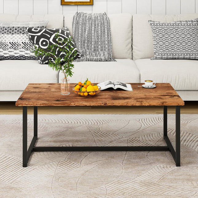 Rectangular Coffee Table Black Metal Frame Rustic Brown Wood Top for Living Room