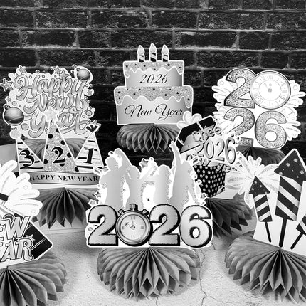 9-Piece NYE Honeycomb Centerpieces – Silver Firework Table Decorations