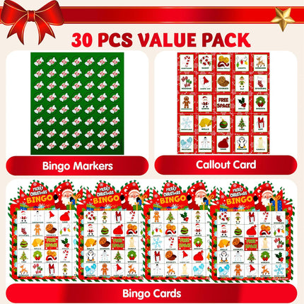 30 Players Christmas Bingo Cards – Holiday Party Game for Kids & Family