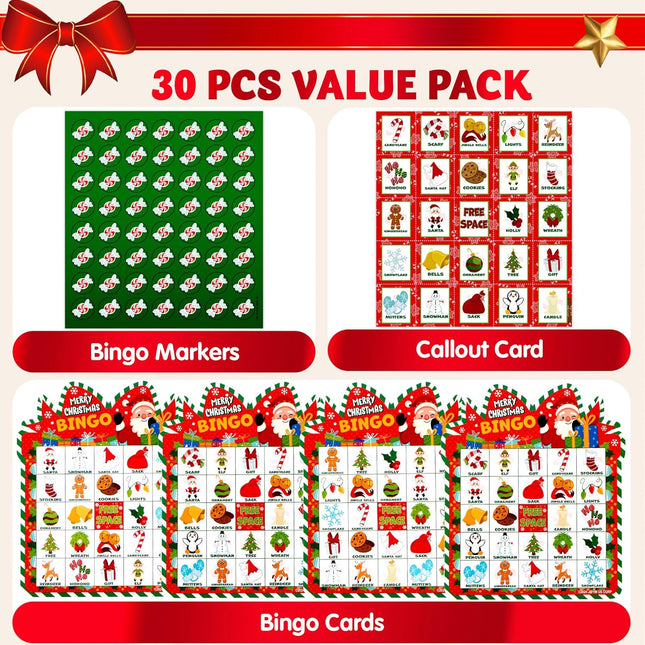 30 Players Christmas Bingo Cards – Holiday Party Game for Kids & Family