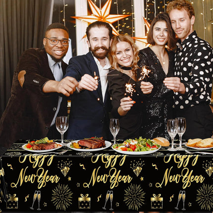 3-Piece NYE Table Covers – 108×54in Black & Gold Firework Tablecloths