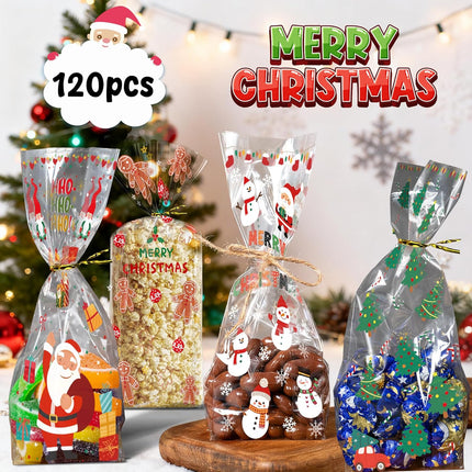 120PCS Christmas Treat Bags Cellophane Candy Bags Xmas Party Favors
