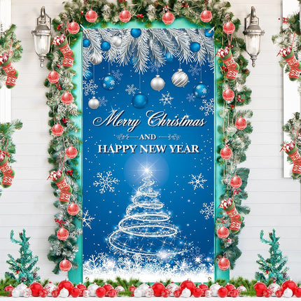 Merry Christmas & Happy New Year Door Cover – Blue Front Door Banner Holiday Decor