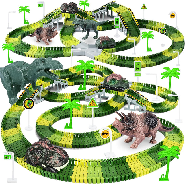 Create a Dinosaur World Road Race Playset with 2 Dinosaur Cars for Kids 3+