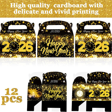 12-Piece 2026 New Year Party Bags – Black & Gold Gable Treat Boxes